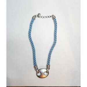 Blue Roped Cord  Silvertone  Pendant Choker Statement Piece 16" Marked MW
